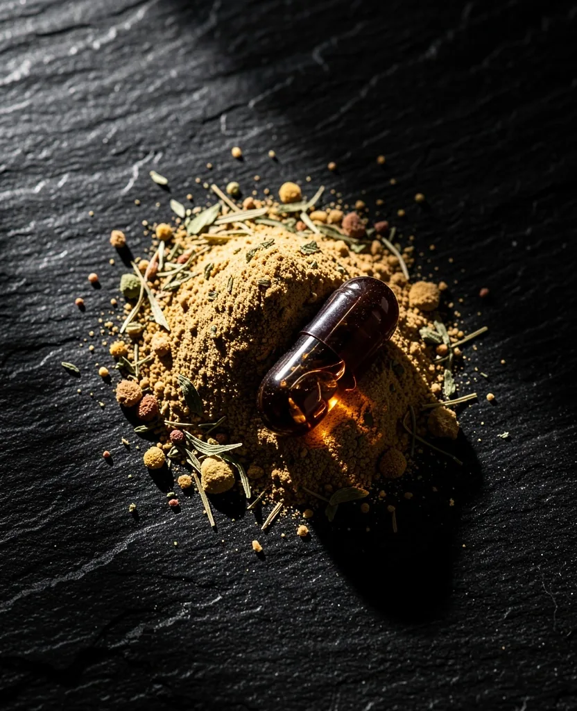 Natural supplement ingredients on dark surface
