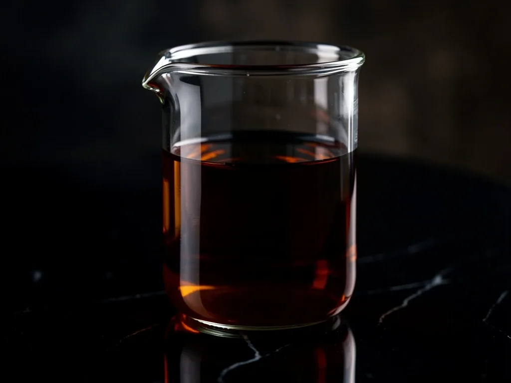 Dark glass beaker with amber liquid on a dark surface