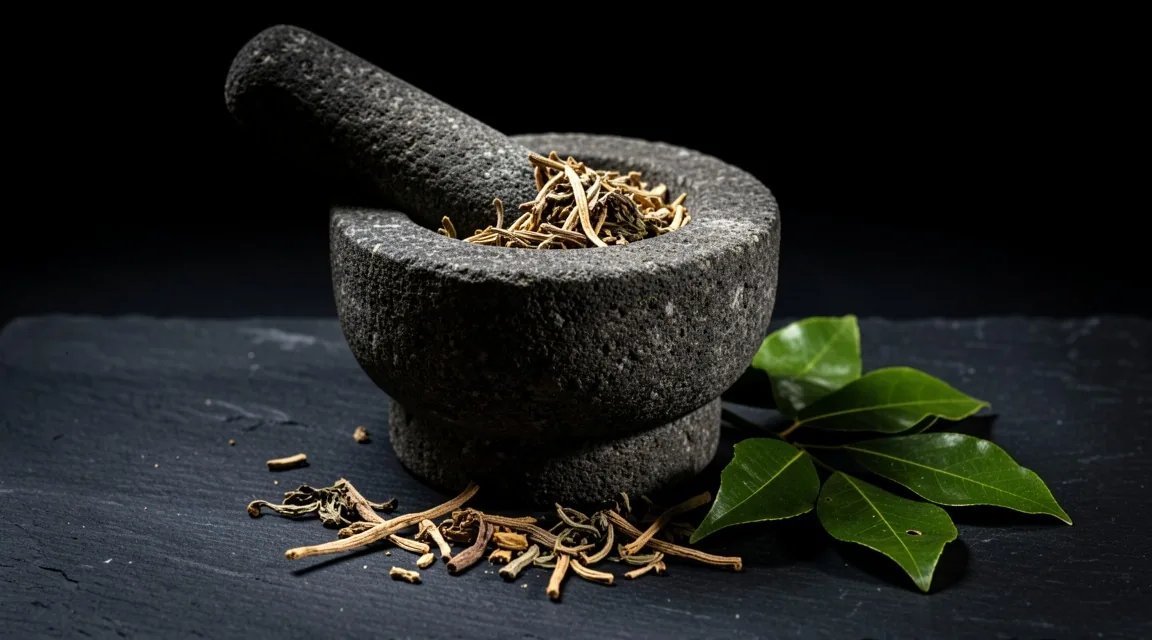 Mortar with herbs