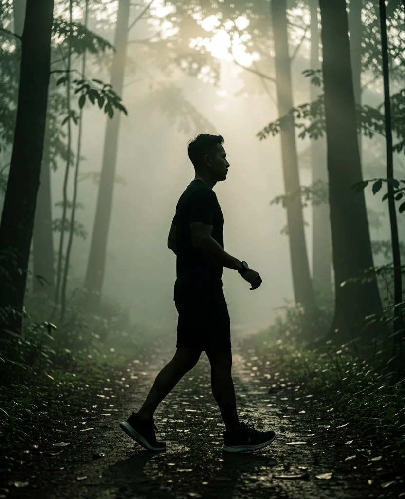 Silhouette of a man walking at dawn