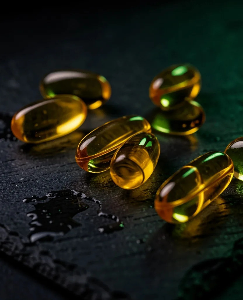 Supplement capsules on a dark stone surface